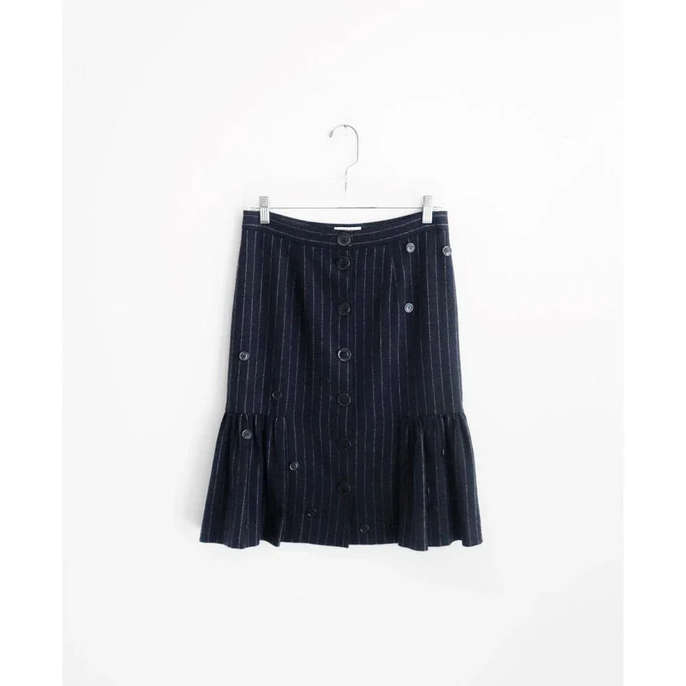 Vtg 00s Y2K Moschino Navy Blue Pinstripe Wool Button Trumpet Skirt IT 40 US 4 - Picture 1 of 6